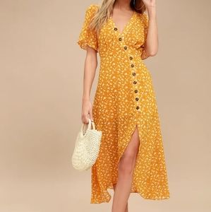 Lulus After-Bloom Delight Golden Yellow Floral Print Midi Dress Extra Sm…